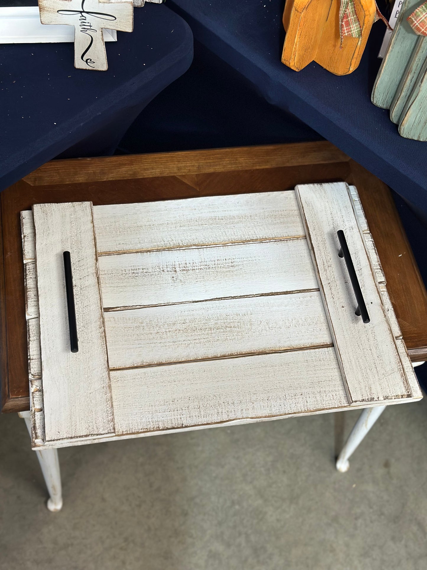 Handmade Reclaimed Wood Tray – Distressed White Rustic Farmhouse Decor with Black Handles