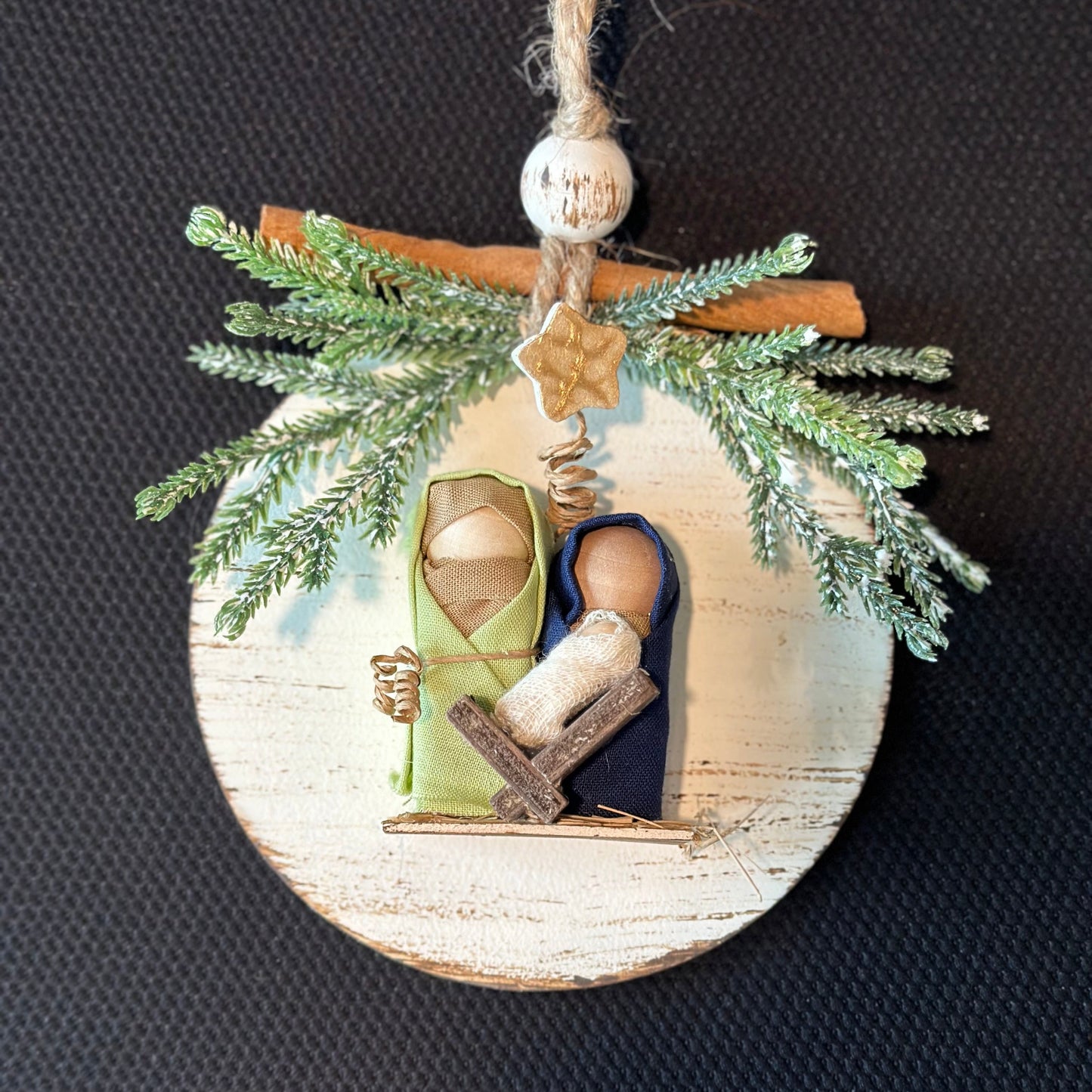 Handmade Nativity Ornament – Rustic Farmhouse Christmas Decor with Holy Family & Star