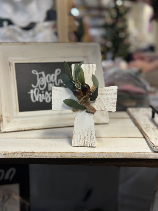 6” Distressed White Wooden Cross with Olive Branch | Farmhouse Ornament or Stand-Alone Cross | Handmade Christian Gift | Reclaimed Upcycled Decor