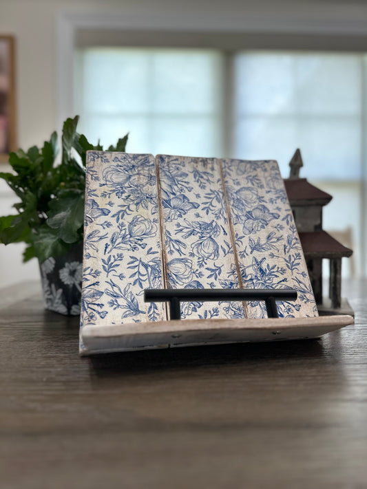 Handmade Recipe Book & iPad Holder – Distressed White or Blue Floral Accent | Rustic Farmhouse Kitchen Stand