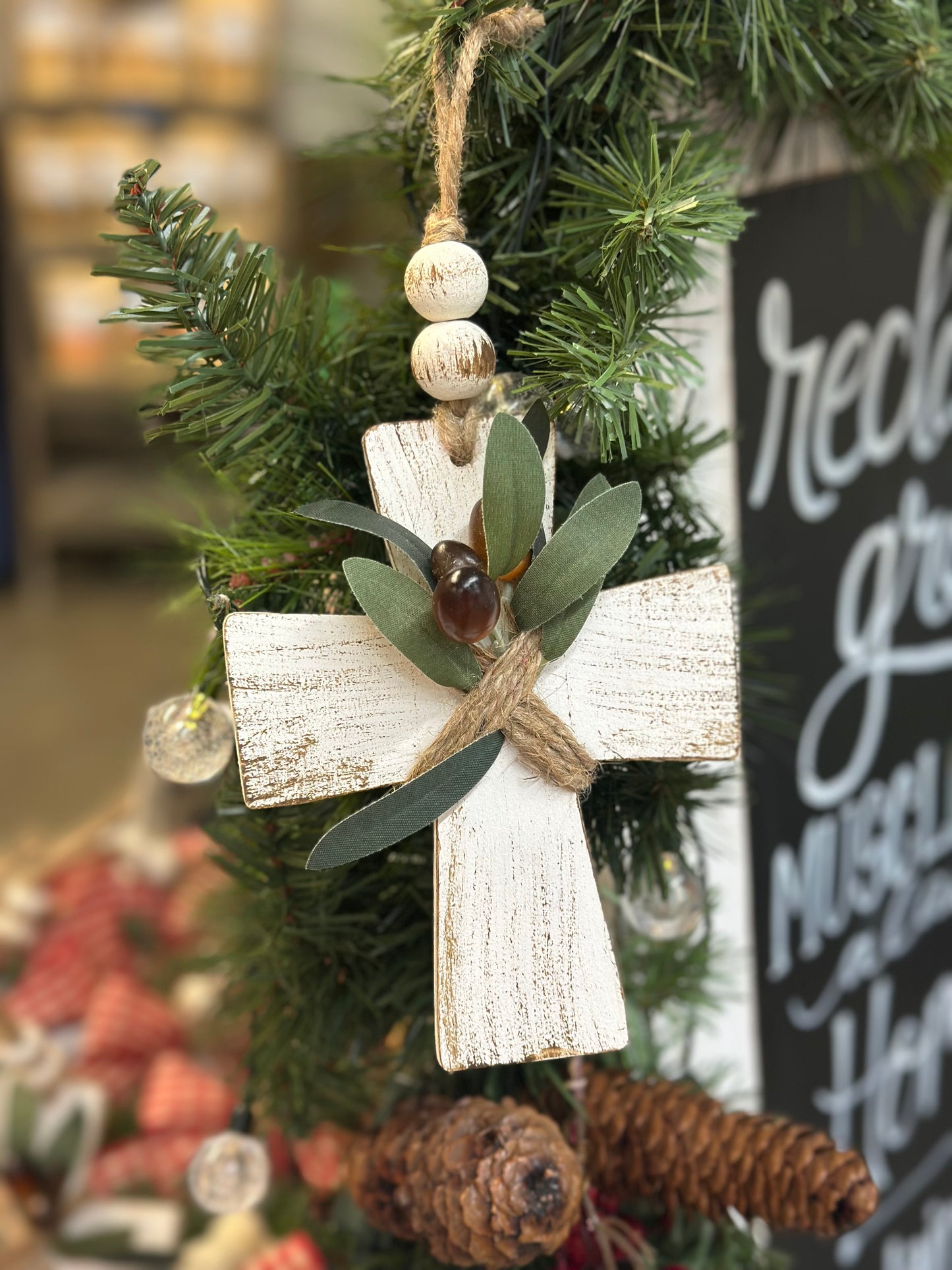 6” Distressed White Wooden Cross with Olive Branch | Farmhouse Ornament or Stand-Alone Cross | Handmade Christian Gift | Reclaimed Upcycled Decor