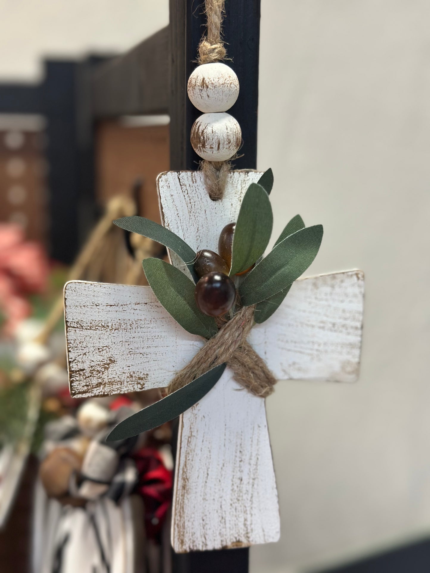 6” Distressed White Wooden Cross with Olive Branch | Farmhouse Ornament or Stand-Alone Cross | Handmade Christian Gift | Reclaimed Upcycled Decor