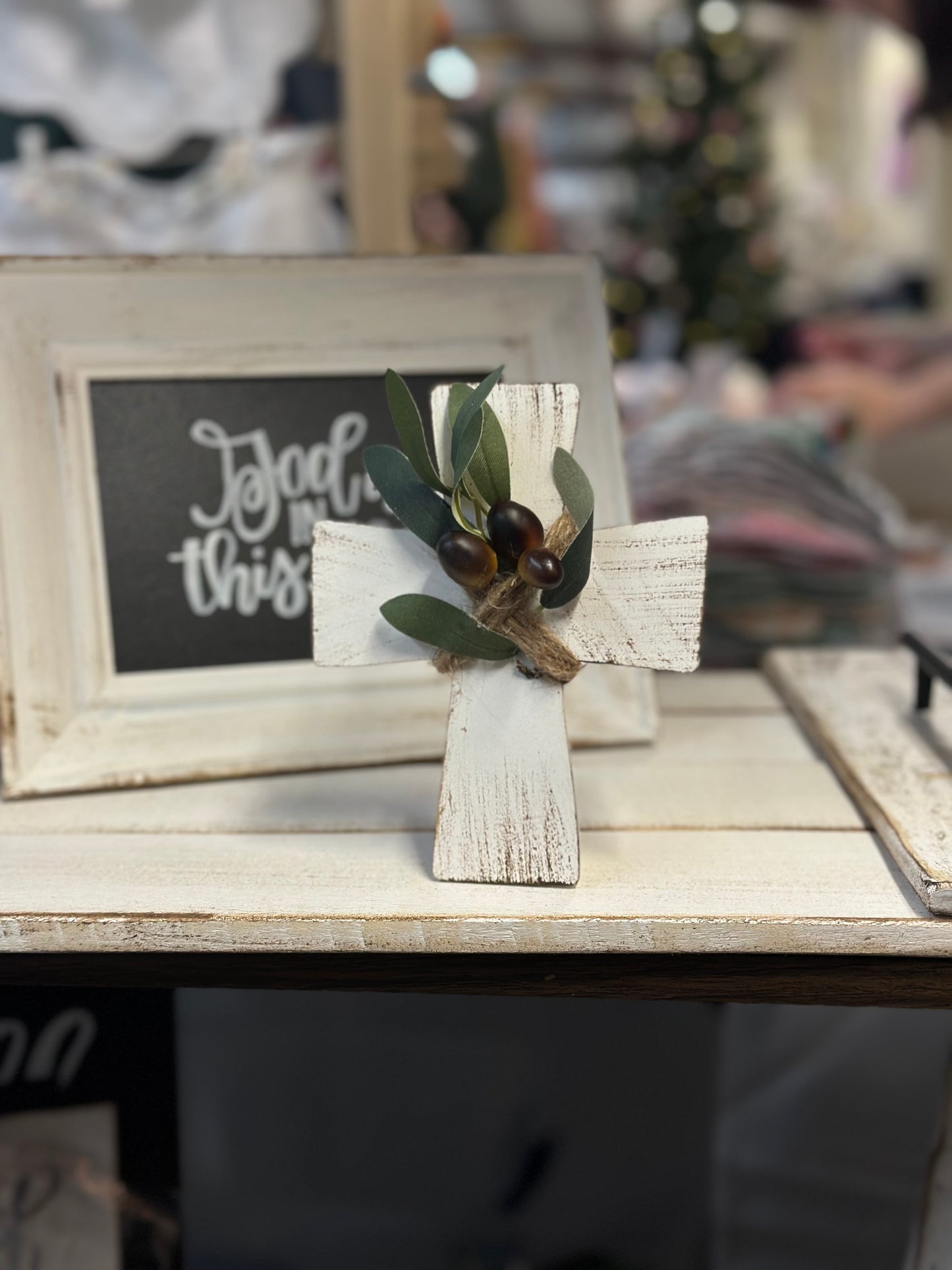6” Distressed White Wooden Cross with Olive Branch | Farmhouse Ornament or Stand-Alone Cross | Handmade Christian Gift | Reclaimed Upcycled Decor