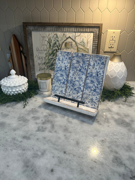 Handmade Recipe Book & iPad Holder – Distressed White or Blue Floral Accent | Rustic Farmhouse Kitchen Stand