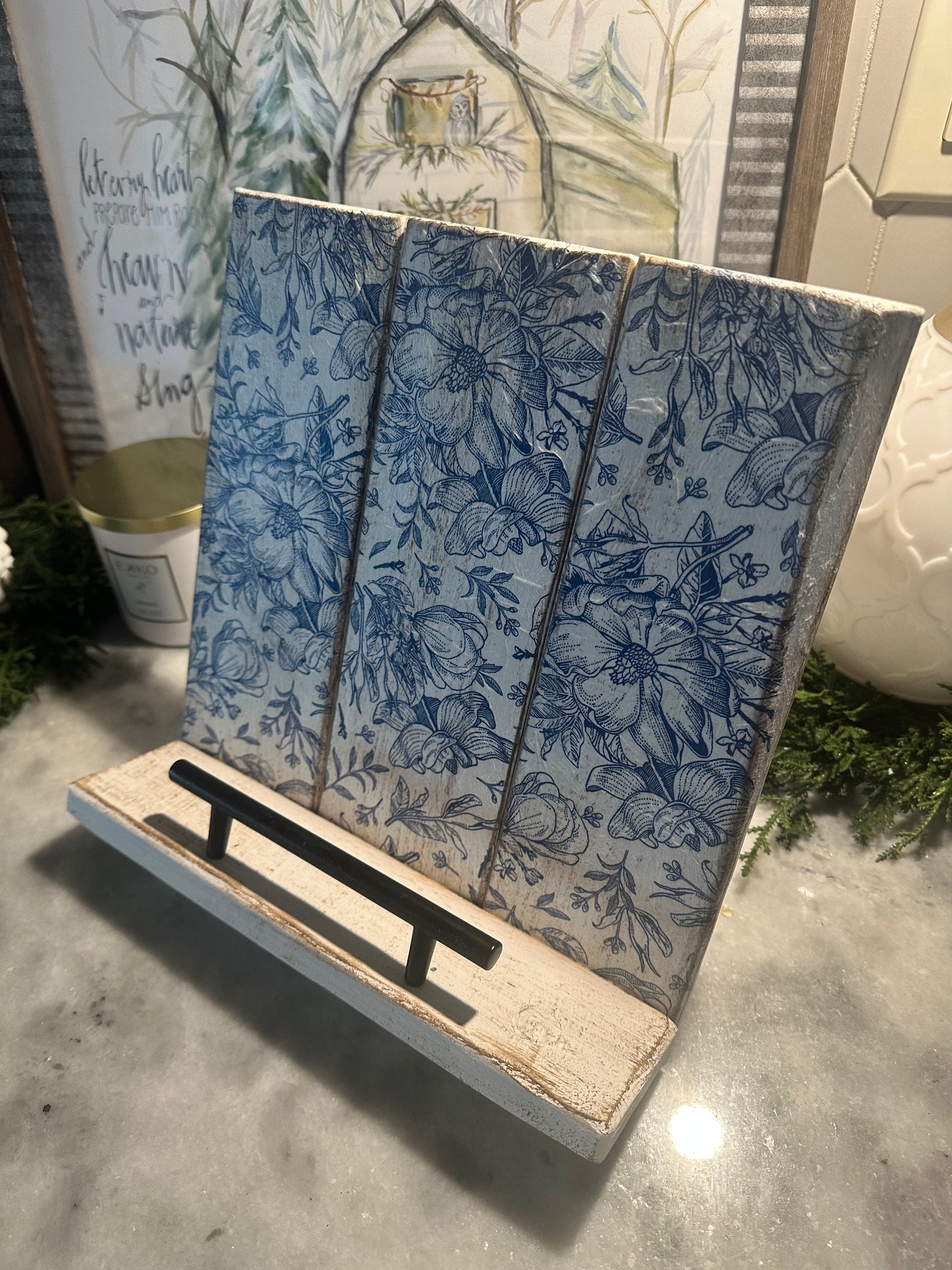 Handmade Recipe Book & iPad Holder – Distressed White or Blue Floral Accent | Rustic Farmhouse Kitchen Stand