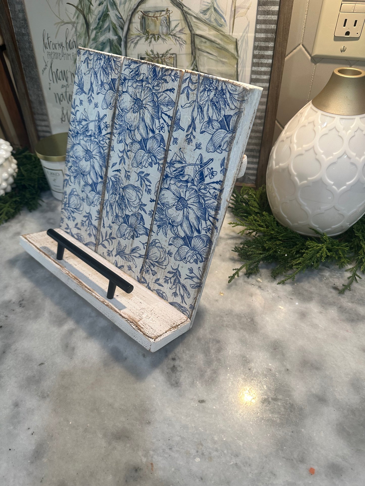 Handmade Recipe Book & iPad Holder – Distressed White or Blue Floral Accent | Rustic Farmhouse Kitchen Stand