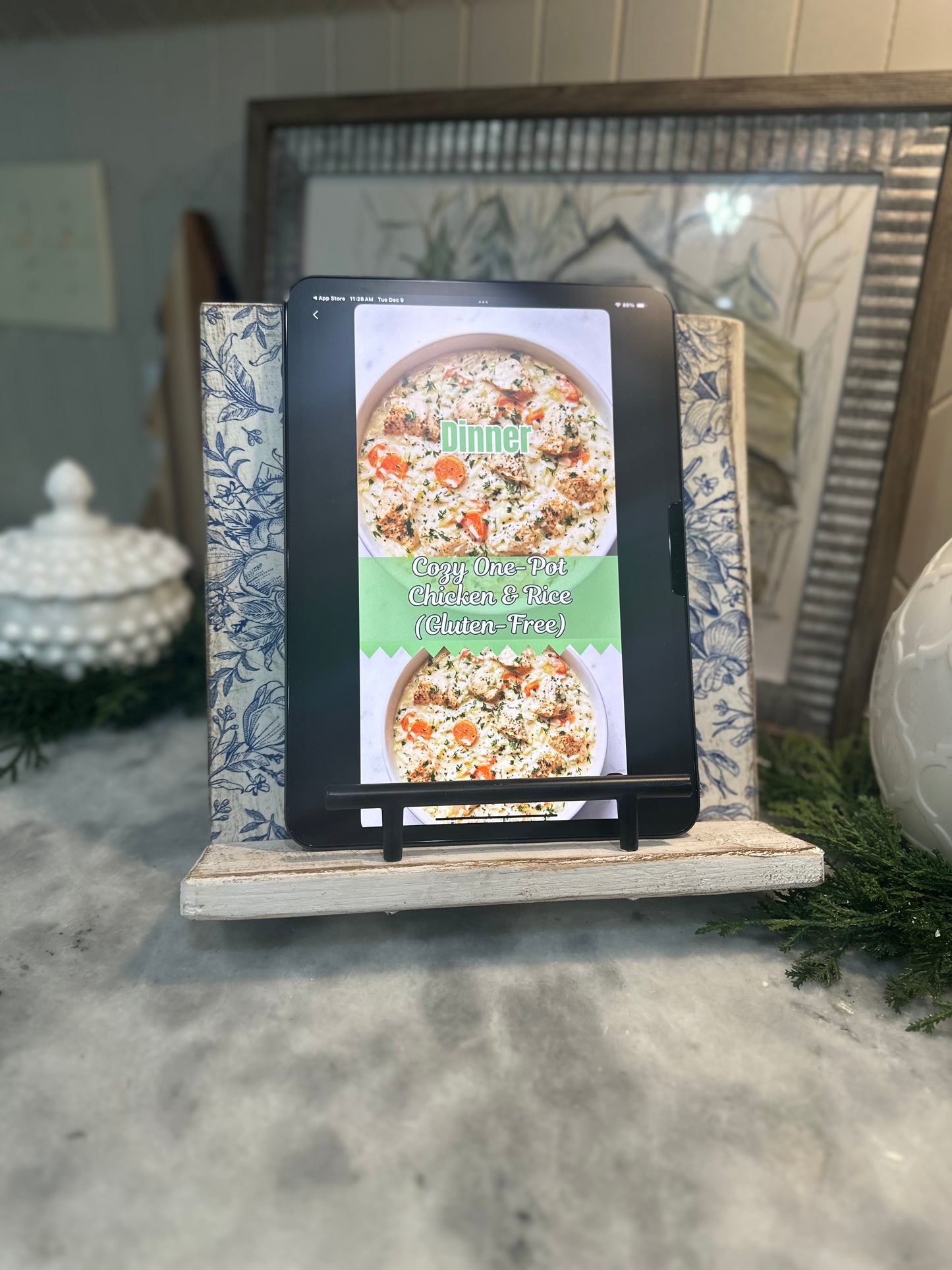 Handmade Recipe Book & iPad Holder – Distressed White or Blue Floral Accent | Rustic Farmhouse Kitchen Stand