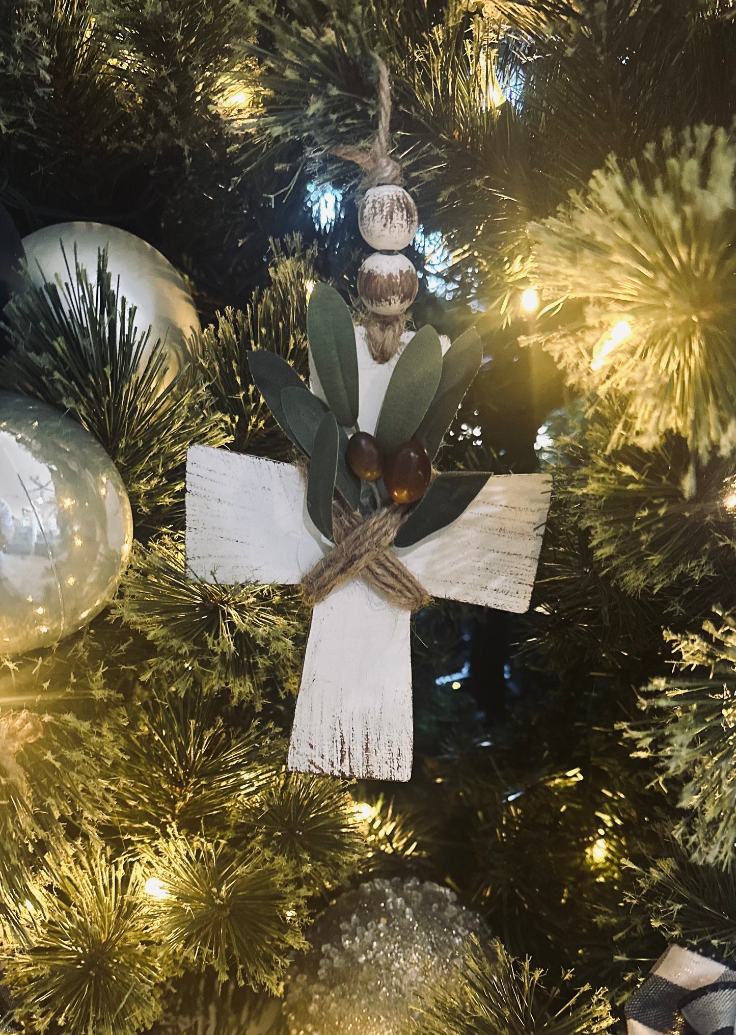 6” Distressed White Wooden Cross with Olive Branch | Farmhouse Ornament or Stand-Alone Cross | Handmade Christian Gift | Reclaimed Upcycled Decor