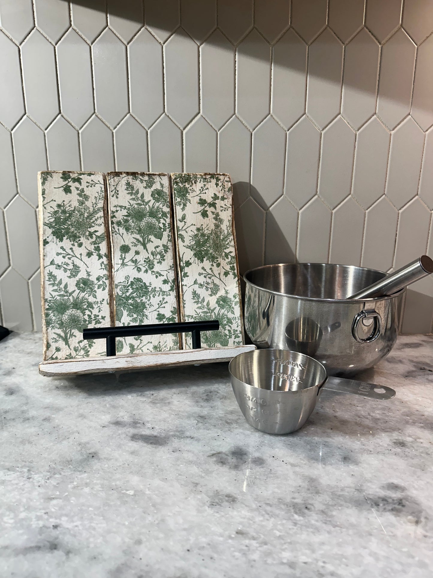 Handmade Recipe Book & iPad Holder – Distressed White or Blue Floral Accent | Rustic Farmhouse Kitchen Stand