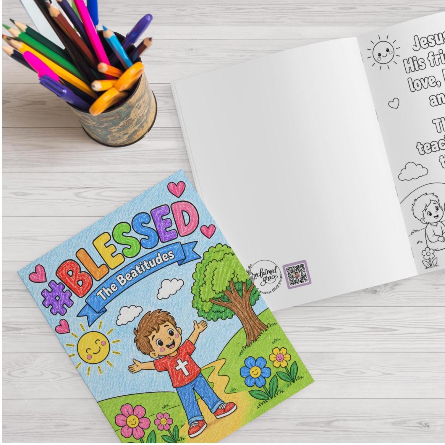 Blessed Child Present Religious Gift Son Christian Boy Activity Book Bible Study Worksheet Kids Faith Journal Coloring Page Printable Beatitudes Learning Pages Sunday School Craft Activity Devotional Exercise Premium Quality Educational